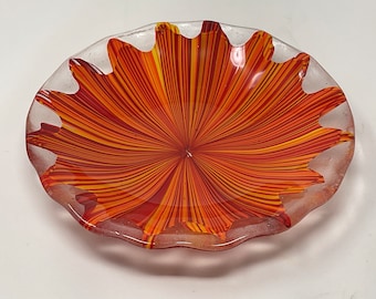 Red Orange Yellow Fused Glass Bowl, Art Glass Bowl, Abstract Floral Decorative Bowl