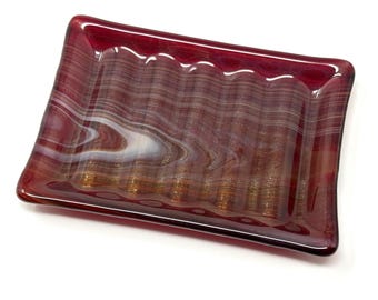 Iridescent Red White Fused Glass Soap Dish, Art Glass Sponge Holder, Handmade Bath Decor
