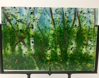 Fused Glass Art, Birch Tree Frit Glass Painting