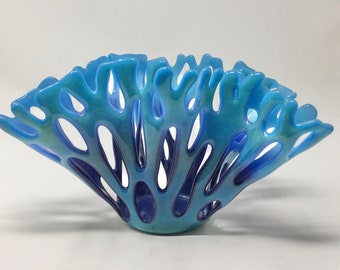 Fused Glass Coral Vase, Blue Fused Art Glass Sculpture