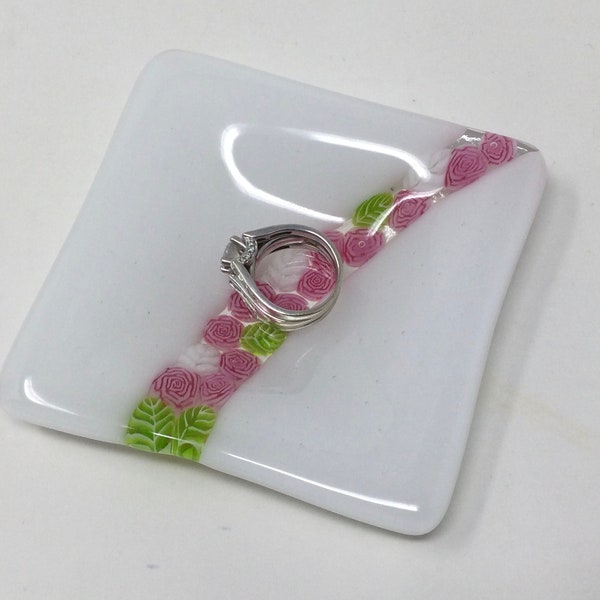 Millefiori Ring Dish, Pink White Trinket Dish, Fused Glass Dish, Art Glass Candle Tray