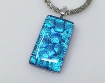 Blue Necklace, Dichroic Glass Pendant, Fused Glass Jewelry