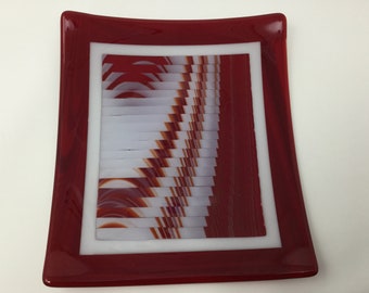 Fused Glass Strip Cut Plate, Red White Art Glass Serving Tray