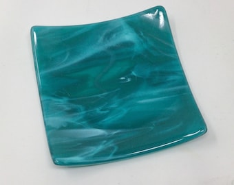 Turquoise Teal White Art Glass Plate, Fused Glass Dish, Decorative Serving Tray