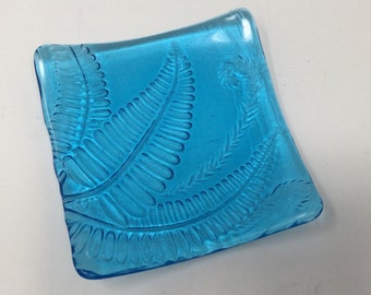 Blue Fern Leaf Embossed Art Glass Dish, Fused Glass Dish, Decorative Glass Tray