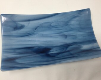 Fused Glass Tray, Blue Streaky Art Glass Dish, Decorative Serving Tray