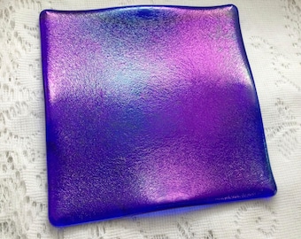 Iridescent Cobalt Blue Art Glass Dish: Handmade Decorative Tray