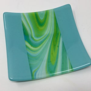 Blue Green Fused Glass Plate: Handmade Art Glass Serving Dish