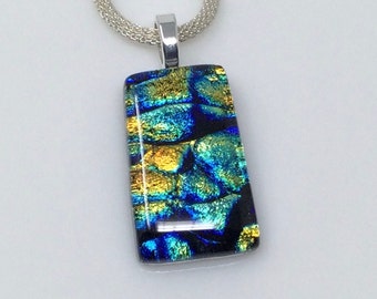 Blue Gold Necklace, Dichroic Glass Pendant, Fused Glass Jewelry