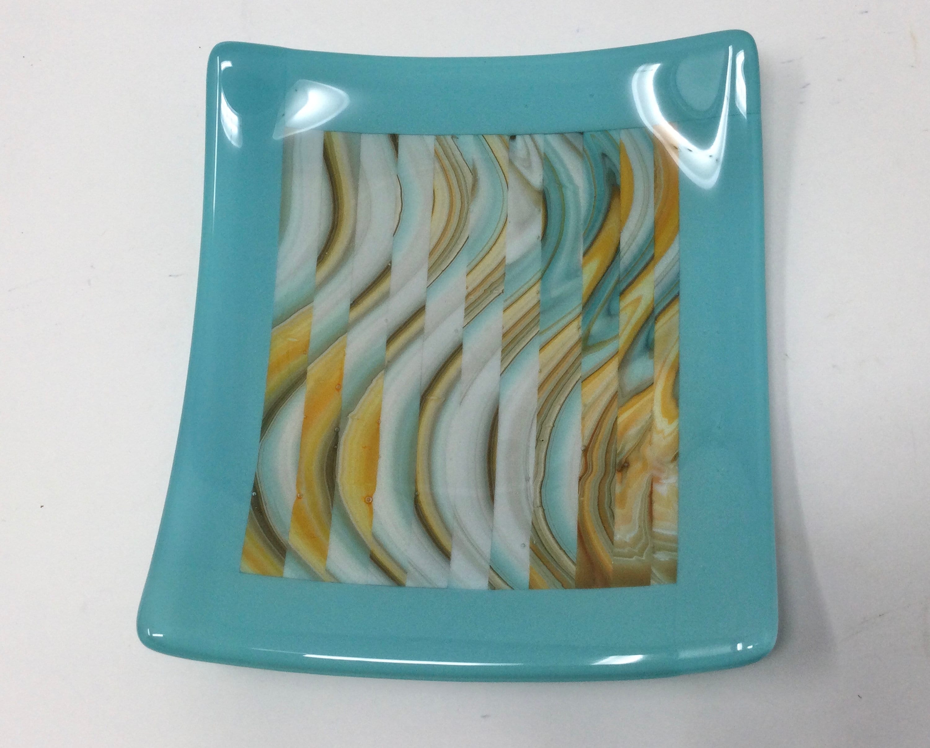 皿・プレート Fused glass platter beauty artist made Fused Glass Strip Cut Plate, Southwest Turquoise Orange Ivory Art