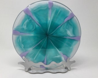 Fused Glass Art, Turquoise Lavender Art Glass Sculpture with Aluminum Steel Stand