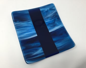 Blue Fused Glass Tray, Streaky Art Glass Decorative Dish