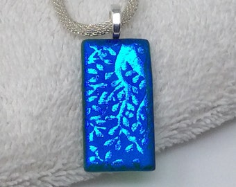 Blue Vines Necklace, Dichroic Glass Pendant, Fused Glass Jewelry