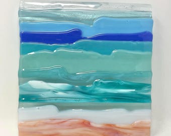 Fused Glass Art, Ocean Beach Glass Panel, Coastal Decor Wall Art