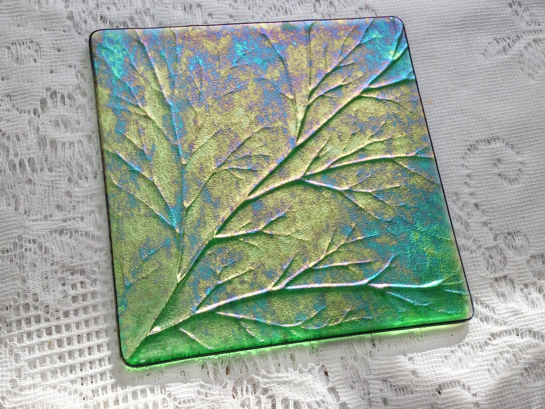 Iridescent Leaf Textured Art Glass Trivet, Fused Glass Trivet, Iridized