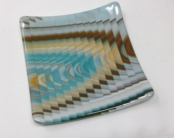 Fused Glass Strip Cut Plate, Turquoise Brown Orange Art Glass Tray