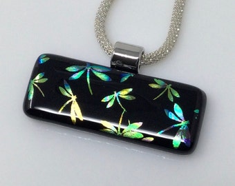 Dichroic Dragonfly Pendant, Fused Glass Jewelry, Blue Gold Dragonfly Necklace