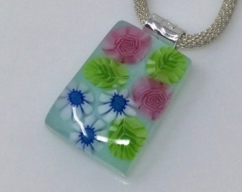 RESERVED, Pink Rose Millefiori Pendant, Fused Glass Jewelry, Floral Garden Necklace