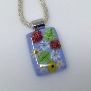 Red Yellow White Green Millefiori Pendant, Fused Glass Jewelry, Floral Garden Necklace