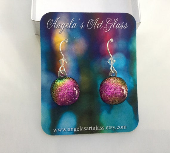 Magenta Rose Gold Dichroic Fused Glass Pendant and Earrings set D022