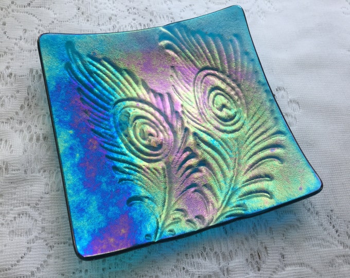 Fused Glass Peacock Plate Iridescent Blue Peacock Feather Art Etsy