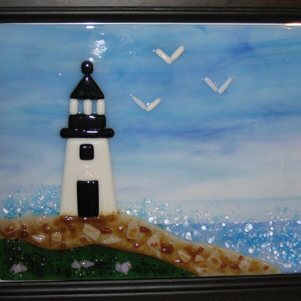 Fused Glass Art, Glass Seascape, Lighthouse Beach Decor