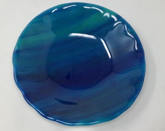 Blue Fused Glass Bowl, Streaky Blue Turquoise Art Glass Serving Bowl