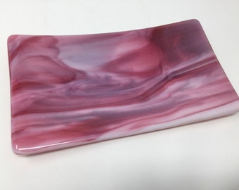 Pink White Glass Tray, Fused Glass Tray, Cranberry Pink Streaky Art Glass Serving Dish