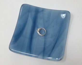 Blue Fused Glass Dish, Blue Streaky Art Glass Plate, Decorative Glass Tray