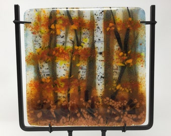 Fused Glass Art: Birch Tree Autumn Forest Scene