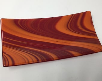 Fused Glass Tray, Red Orange Art Glass Dish, Red Orange Serving Tray
