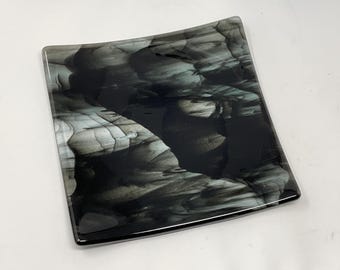 Black Streaky Fused Glass Plate, Art Glass Serving Dish