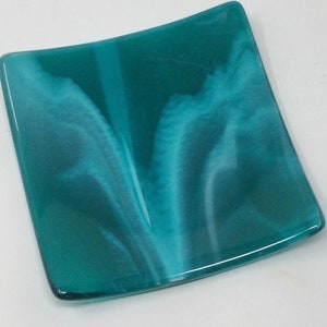 Turquoise Teal White Art Glass Plate, Fused Glass Dish, Decorative Serving Tray