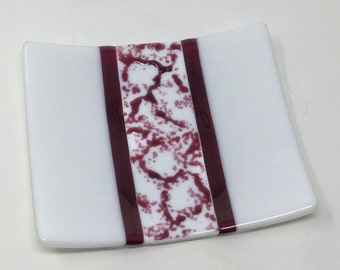 Cranberry Pink Fused Glass Tray, Burgundy White Glass Dish, Decorative Art Glass Tray