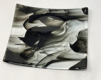 Black Streaky Fused Glass Tray: Art Glass Serving Platter