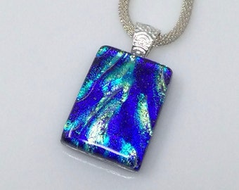 Cobalt Blue Gold Necklace, Indigo Dichroic Glass Pendant, Fused Glass Jewelry
