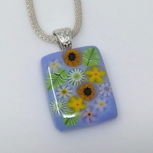 Yellow White Green Millefiori Pendant, Fused Glass Jewelry, Floral Garden Necklace