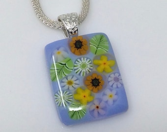 Yellow White Green Millefiori Pendant, Fused Glass Jewelry, Floral Garden Necklace