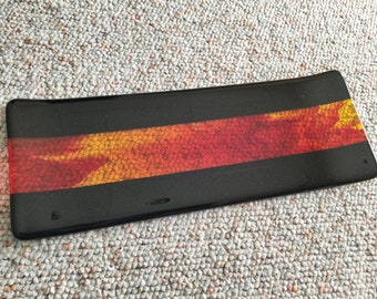 Red Yellow Black Fused Glass Tray, Red Black Art Glass Channel Plate