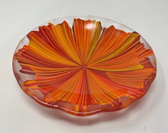 Red Orange Yellow Fused Glass Bowl, Art Glass Bowl, Abstract Floral Decorative Bowl