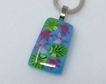 Pink Lavender Millefiori Pendant, Fused Glass Jewelry, Floral Garden Necklace