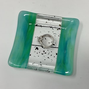 Green Blue Art Glass Dish, Fused Glass Ring Dish, Decorative Glass Trinket Tray