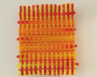 Woven Fused Glass Wall Art: Handmade Red, Orange, and Yellow Weave