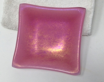 Iridescent Pink Fused Glass Dish, Art Glass Ring Dish, Decorative Glass Trinket Tray