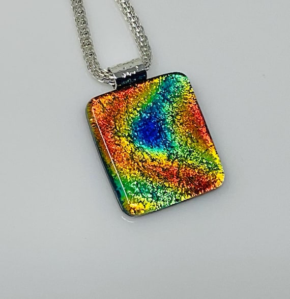 Orange Blue Necklace, Dichroic Glass Pendant, Fused Glass Jewelry