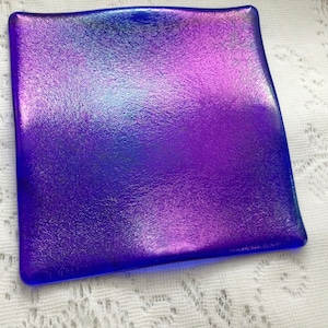 Cobalt Blue Iridescent Art Glass Dish, Fused Glass Plate, Iridized Indigo Blue Decorative Tray