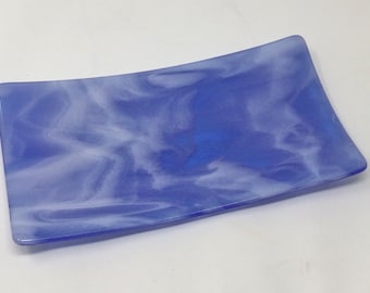 Blue Violet White Streaky Art Glass Dish, Fused Glass Tray, Decorative Serving Tray