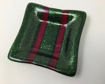 Fused Glass Dish, Aventurine Green Red Art Glass Dish, Emerald Green Ring Dish, Trinket Tray