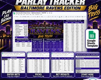 Game Day Bet and Parlay Tracker Spreadsheet | Baltimore Ravens Edition | Bankroll, Picks, Results, Dashboard
