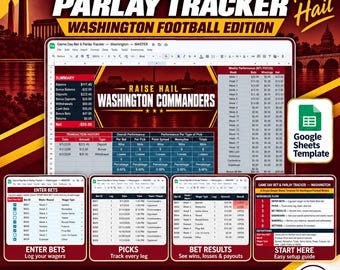 Game Day Bet and Parlay Tracker Spreadsheet | Washington Football Edition | Bankroll, Picks, Results, Dashboard
